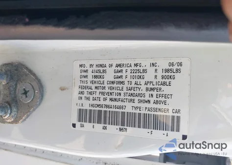 2006 Honda Accord 2.4 Ex z USA, uszkodzony, nr VIN 1HGCM56786A164667